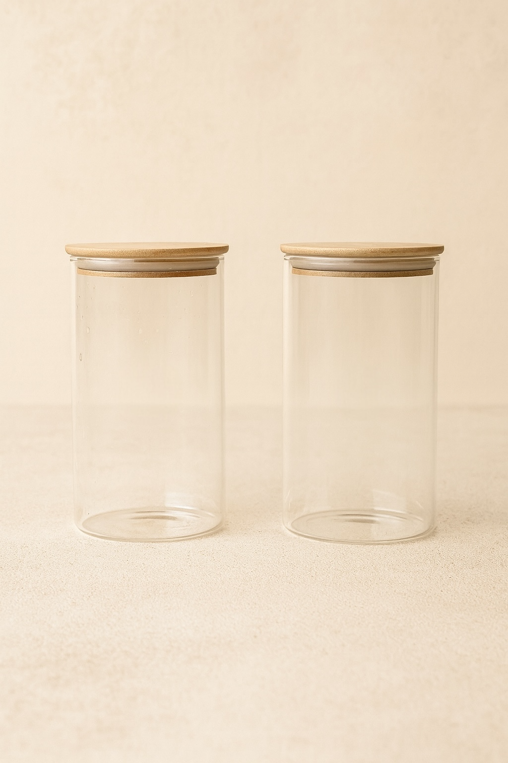 2'li Bambu Conta Kapaklı Yuvarlak Cam Kavanoz KW-817
