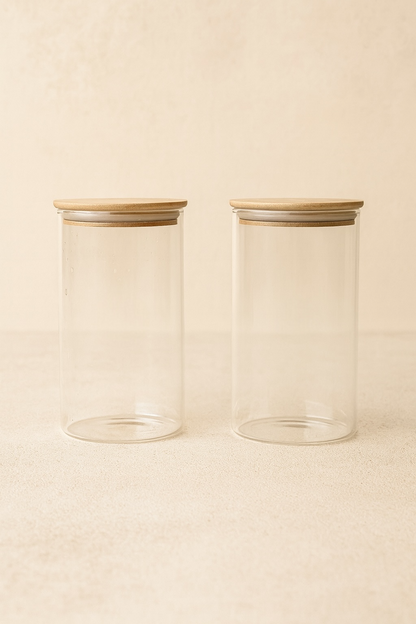 2'li Bambu Conta Kapaklı Yuvarlak Cam Kavanoz KW-817
