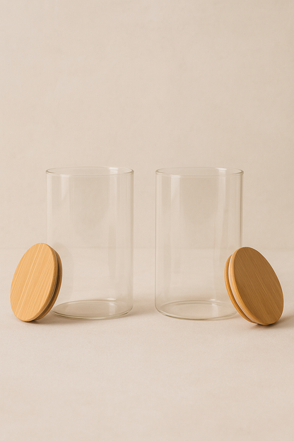 2'li Bambu Conta Kapaklı Yuvarlak Cam Kavanoz KW-817