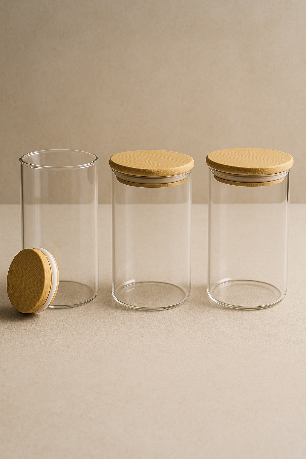 Bambu Kapaklı 3’lü Yuvarlak Cam Kavanoz Seti 500ML Gıda Saklama Kavanozu KW-816