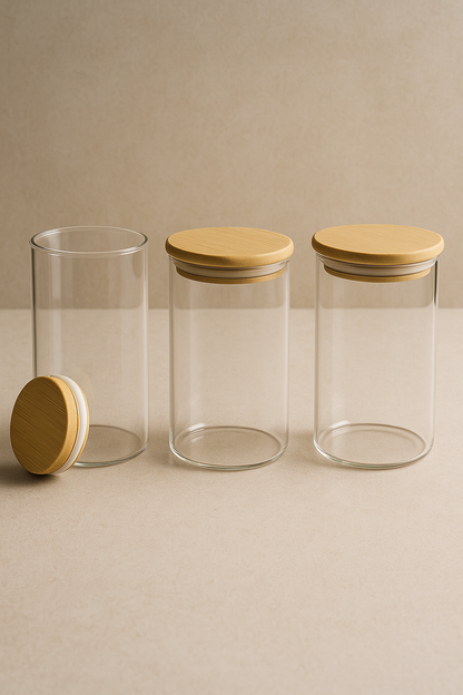 Bambu Kapaklı 3’lü Yuvarlak Cam Kavanoz Seti 500ML Gıda Saklama Kavanozu KW-816