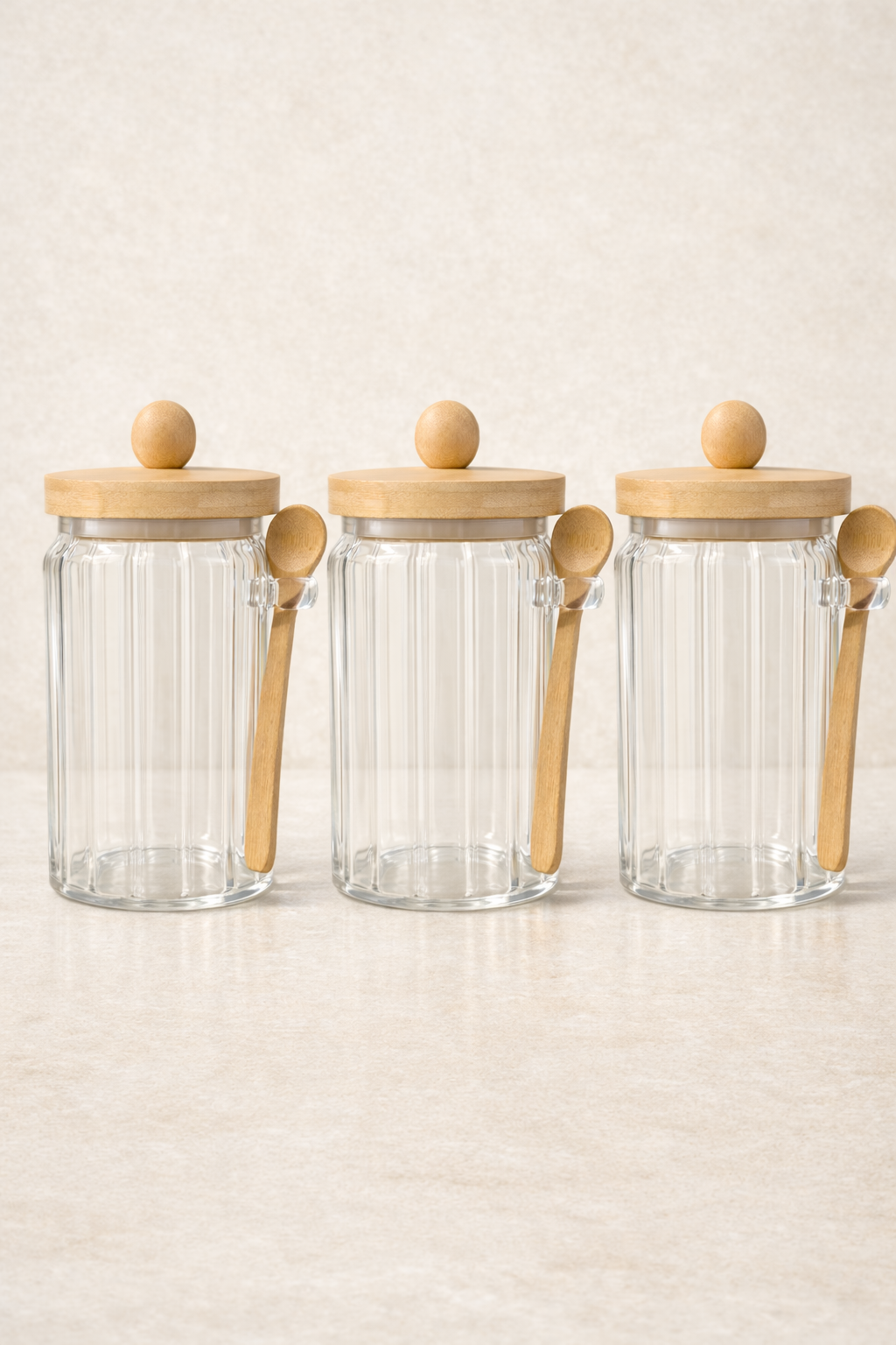 Bambu Contalı Kaşıklı Çizgili 3'lü Cam 750ml Kavanoz Doğal Ahşap Kapaklı Saklama Kavanozu Seti KW-758