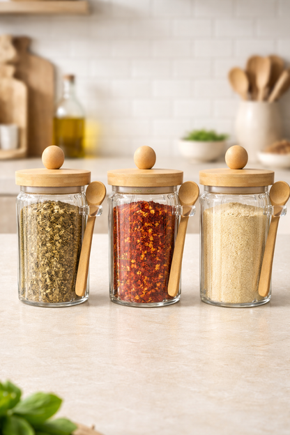 Bambu Contalı Kaşıklı Çizgili 3'lü Cam 750ml Kavanoz Doğal Ahşap Kapaklı Saklama Kavanozu Seti KW-758