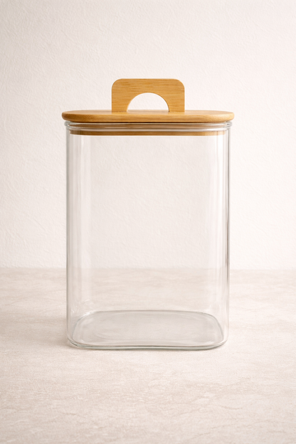 Bambu Conta Kapaklı Borosilikat 1200ml Kare Kavanoz KW-780