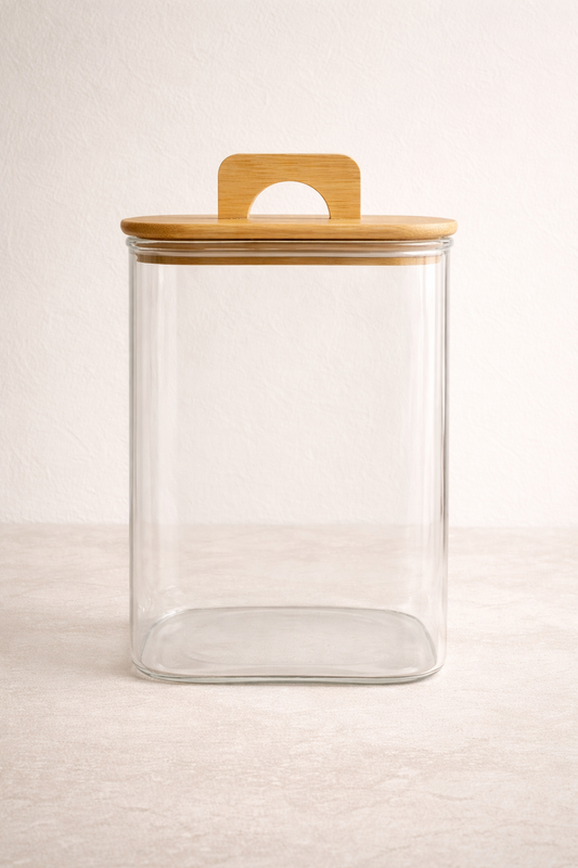 Bambu Conta Kapaklı Borosilikat 1200ml Kare Kavanoz KW-780