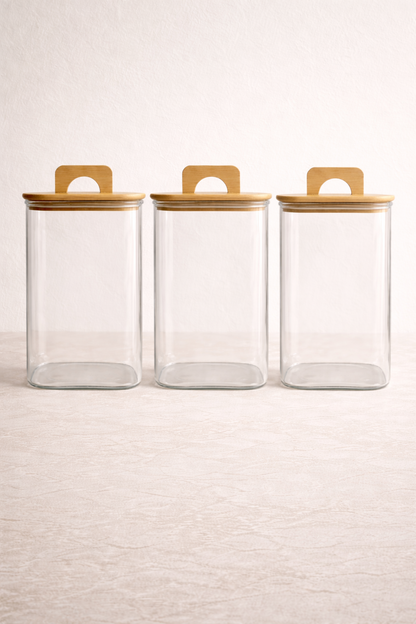 Bambu Conta Kapaklı Borosilikat 1200ml Kare Kavanoz KW-780