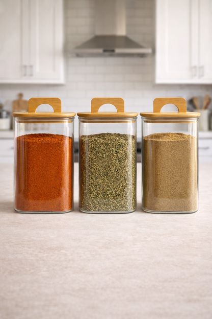 Bambu Conta Kapaklı Borosilikat 1200ml Kare Kavanoz KW-780