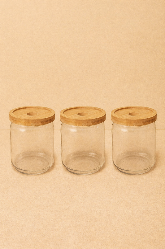 Bambu Conta Kapaklı 3'lü Borosilikat 450ml Kavanoz Seti KW-788