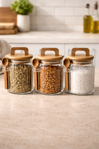 Akasya Kaşıklı Conta Kapaklı Çizgi Desenli 500ML 3lü Kavanoz Seti KW-1170