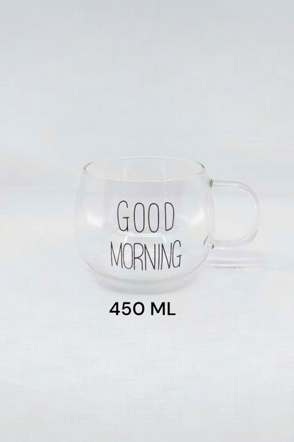 Cam Good Morning Kulplu Yuvarlak 450ML Kupa Borosilikat Sunumluk Meşrubat Bardak KW-064