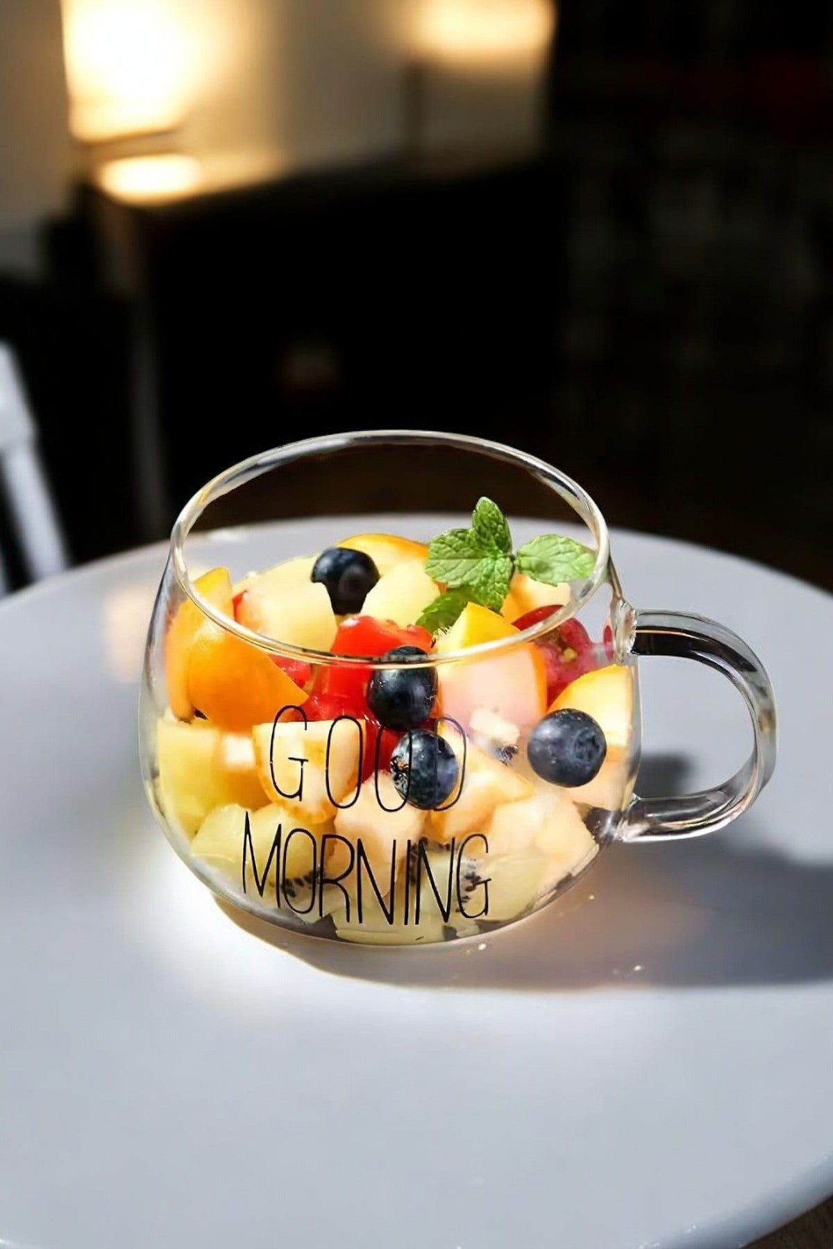 Cam Good Morning Kulplu 2 Li Yuvarlak 450ML Kupa Borosilikat Sunumluk Meşrubat Bardak KW-064