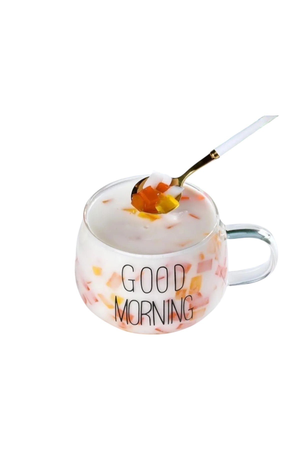 Cam Good Morning Kulplu 2 Li Yuvarlak 450ML Kupa Borosilikat Sunumluk Meşrubat Bardak KW-064