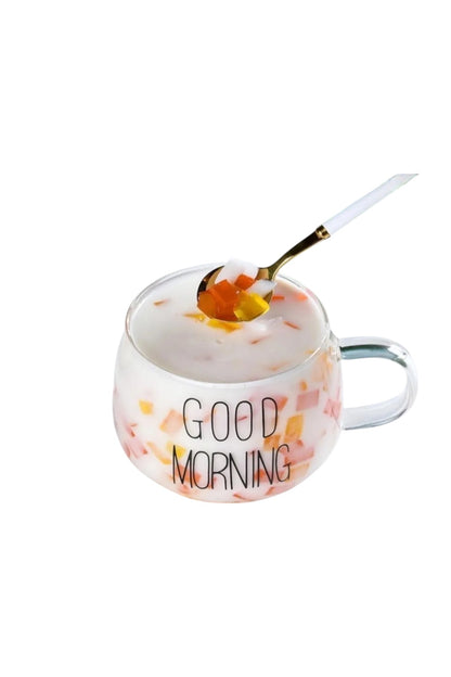 Cam Good Morning Kulplu 2 Li Yuvarlak 450ML Kupa Borosilikat Sunumluk Meşrubat Bardak KW-064
