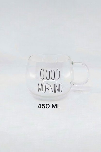 Cam Good Morning Kulplu 2 Li Yuvarlak 450ML Kupa Borosilikat Sunumluk Meşrubat Bardak KW-064