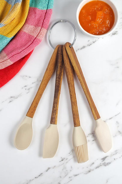 Halkalı Silikon Başlık Akasya Saplı 4 Lu Pasta ve Kek Seti KW-1102