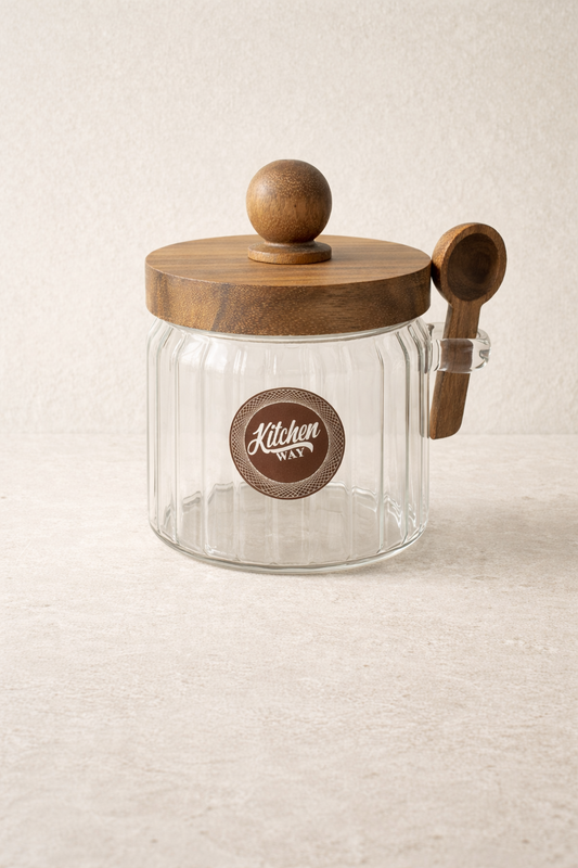 Akasya Contalı Kaşıklı Çizgili Cam Kavanoz Doğal Ahşap Kapaklı Saklama Kavanozu KW-752