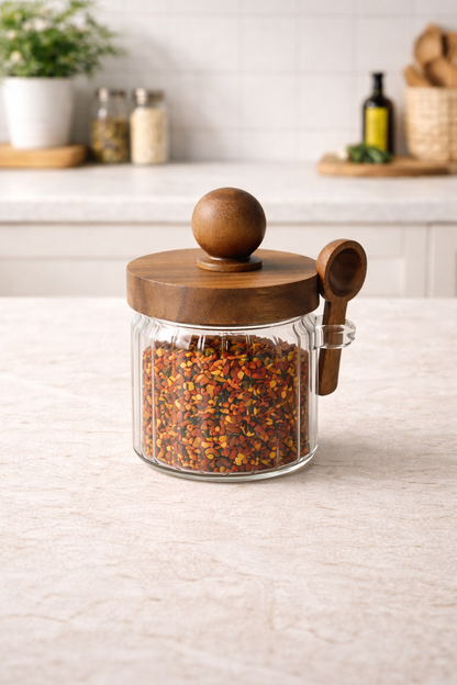 Akasya Contalı Kaşıklı Çizgili 6'lı Cam Kavanoz Doğal Ahşap Kapaklı Saklama Kavanozu Seti KW-752