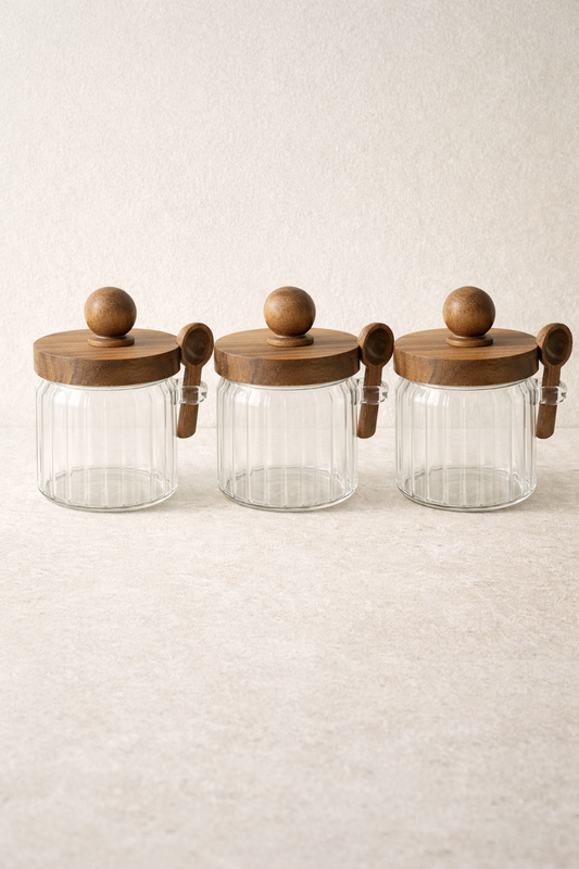 Akasya Contalı Kaşıklı Çizgili 3'lü Cam Kavanoz Doğal Ahşap Kapaklı Saklama Kavanozu Seti KW-752