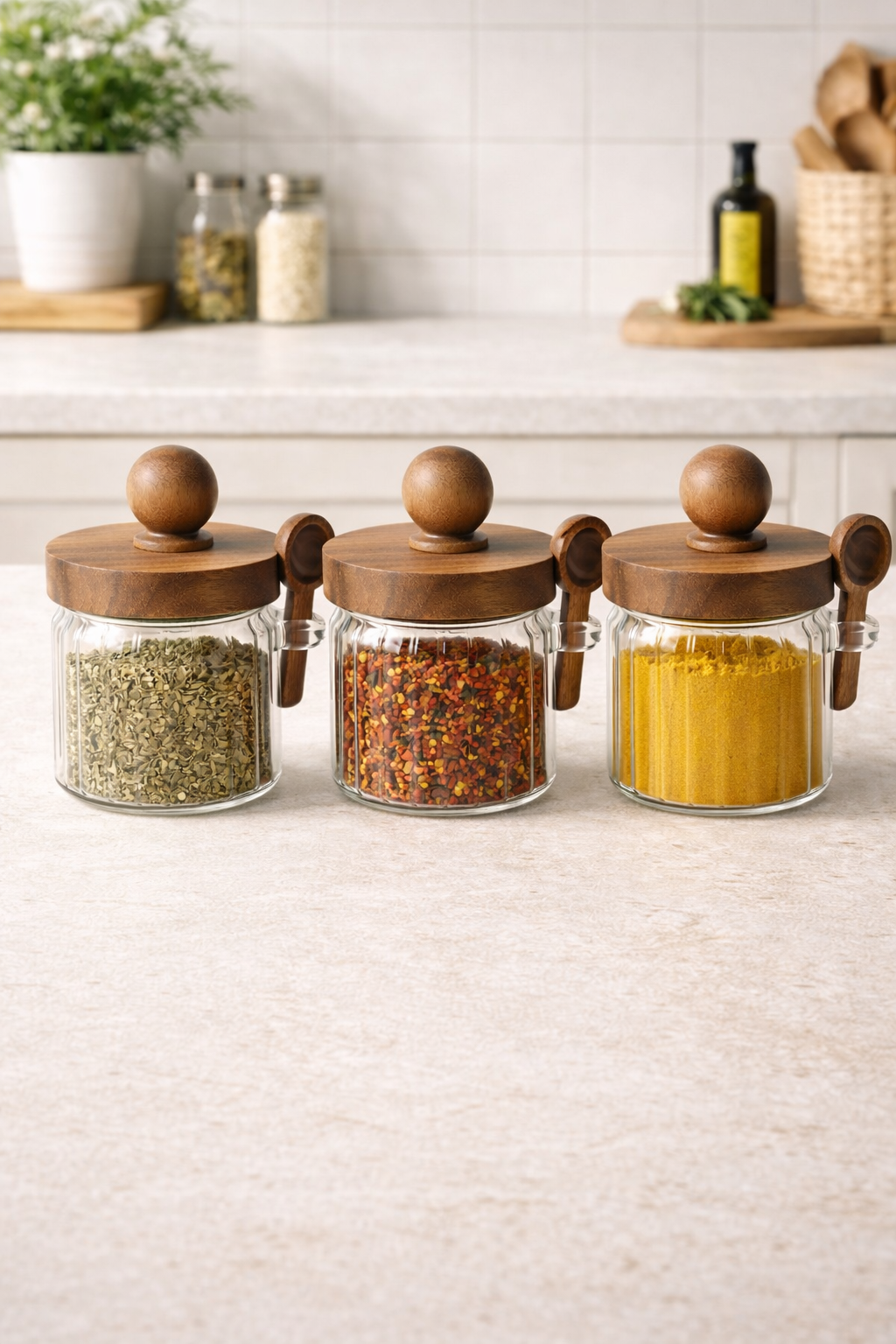 Akasya Contalı Kaşıklı Çizgili 3'lü Cam Kavanoz Doğal Ahşap Kapaklı Saklama Kavanozu Seti KW-752