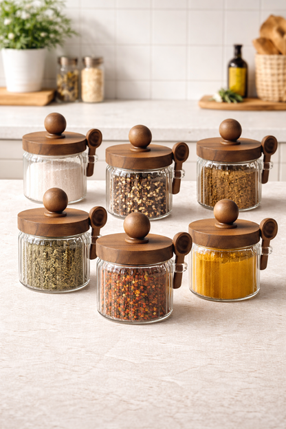 Akasya Contalı Kaşıklı Çizgili 6'lı Cam Kavanoz Doğal Ahşap Kapaklı Saklama Kavanozu Seti KW-752
