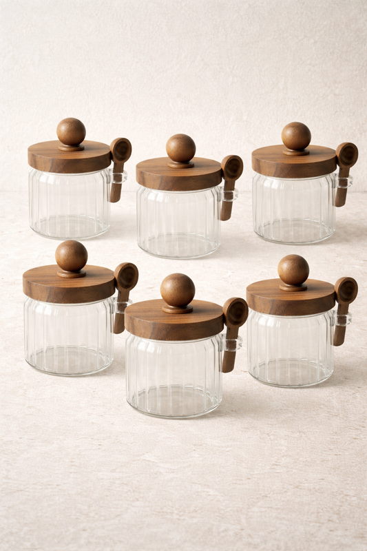 Akasya Contalı Kaşıklı Çizgili 6'lı Cam Kavanoz Doğal Ahşap Kapaklı Saklama Kavanozu Seti KW-752
