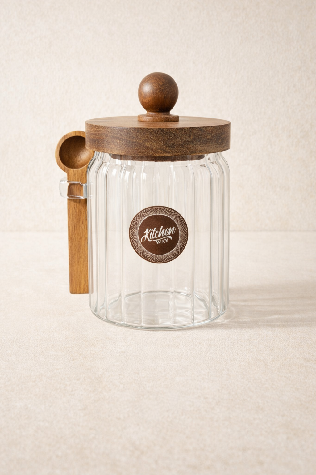 Akasya Contalı Kaşıklı Çizgili Cam Kavanoz Doğal Ahşap Kapaklı Saklama Kavanozu KW-753