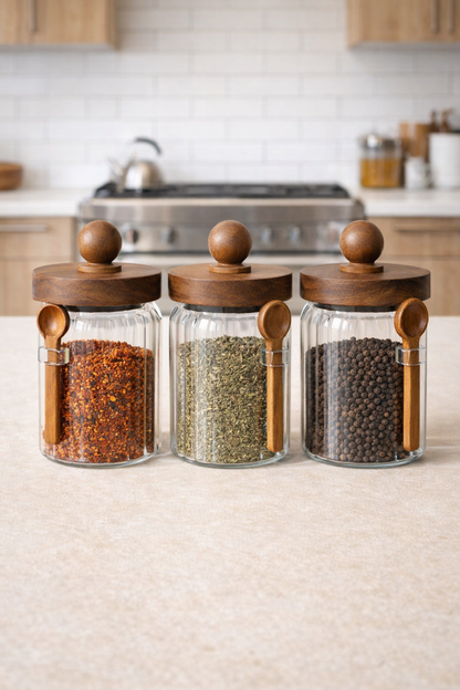 Akasya Contalı Kaşıklı Çizgili 3'lü Cam Kavanoz Doğal Ahşap Kapaklı Saklama Kavanozu Seti KW-753