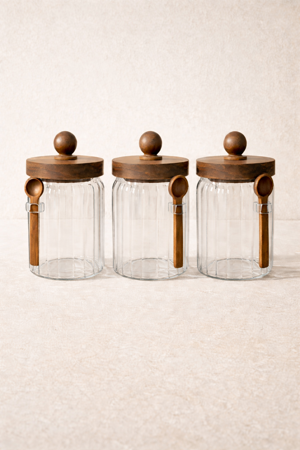 Akasya Contalı Kaşıklı Çizgili 3'lü Cam Kavanoz Doğal Ahşap Kapaklı Saklama Kavanozu Seti KW-753