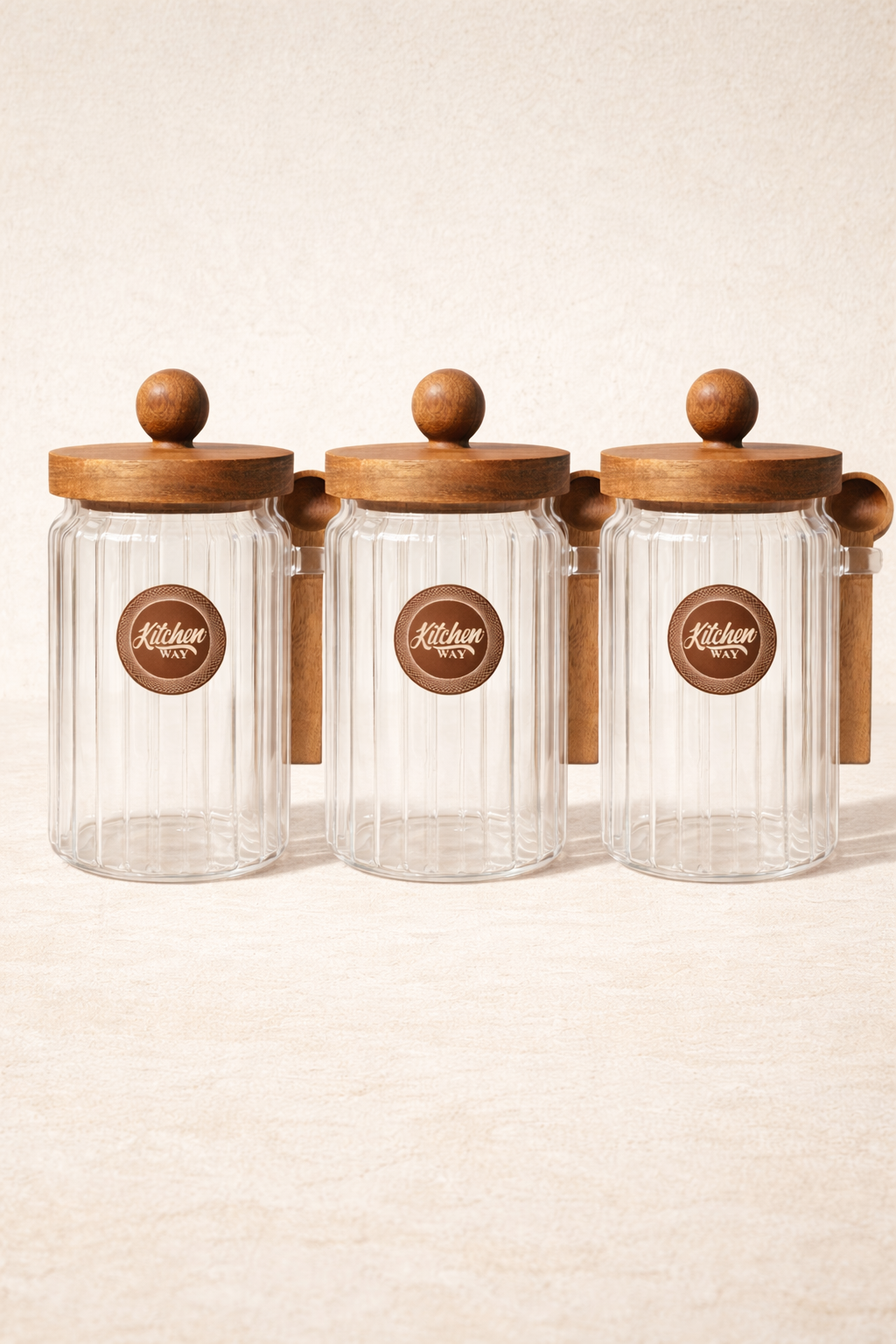 Akasya Contalı Kaşıklı Çizgili 3'lü Cam Kavanoz Doğal Ahşap Kapaklı Saklama Kavanozu Seti KW-754 (Kopya)