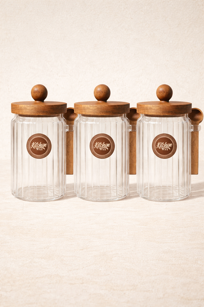 Akasya Contalı Kaşıklı Çizgili 3'lü Cam Kavanoz Doğal Ahşap Kapaklı Saklama Kavanozu Seti KW-754 (Kopya)