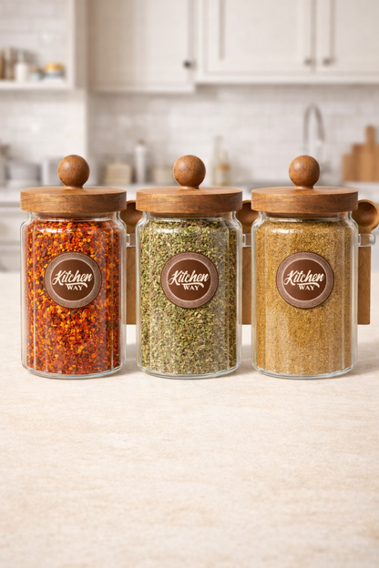 Akasya Contalı Kaşıklı Çizgili 3'lü Cam Kavanoz Doğal Ahşap Kapaklı Saklama Kavanozu Seti KW-754 (Kopya)