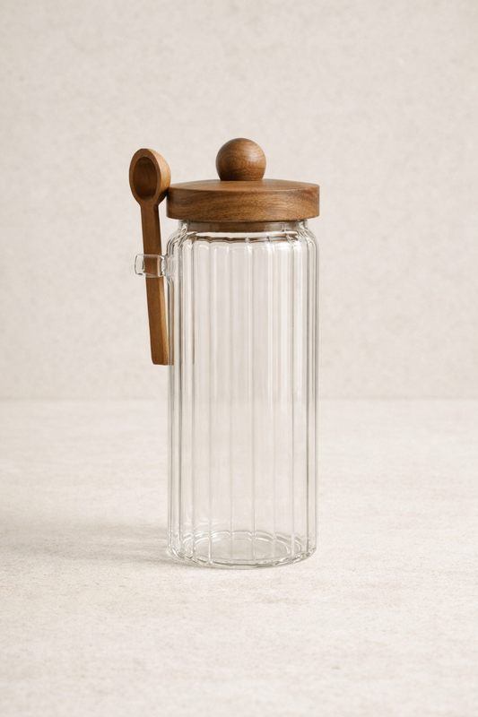 Akasya Contalı Kaşıklı Çizgili Cam Kavanoz Doğal Ahşap Kapaklı Saklama Kavanozu KW-755
