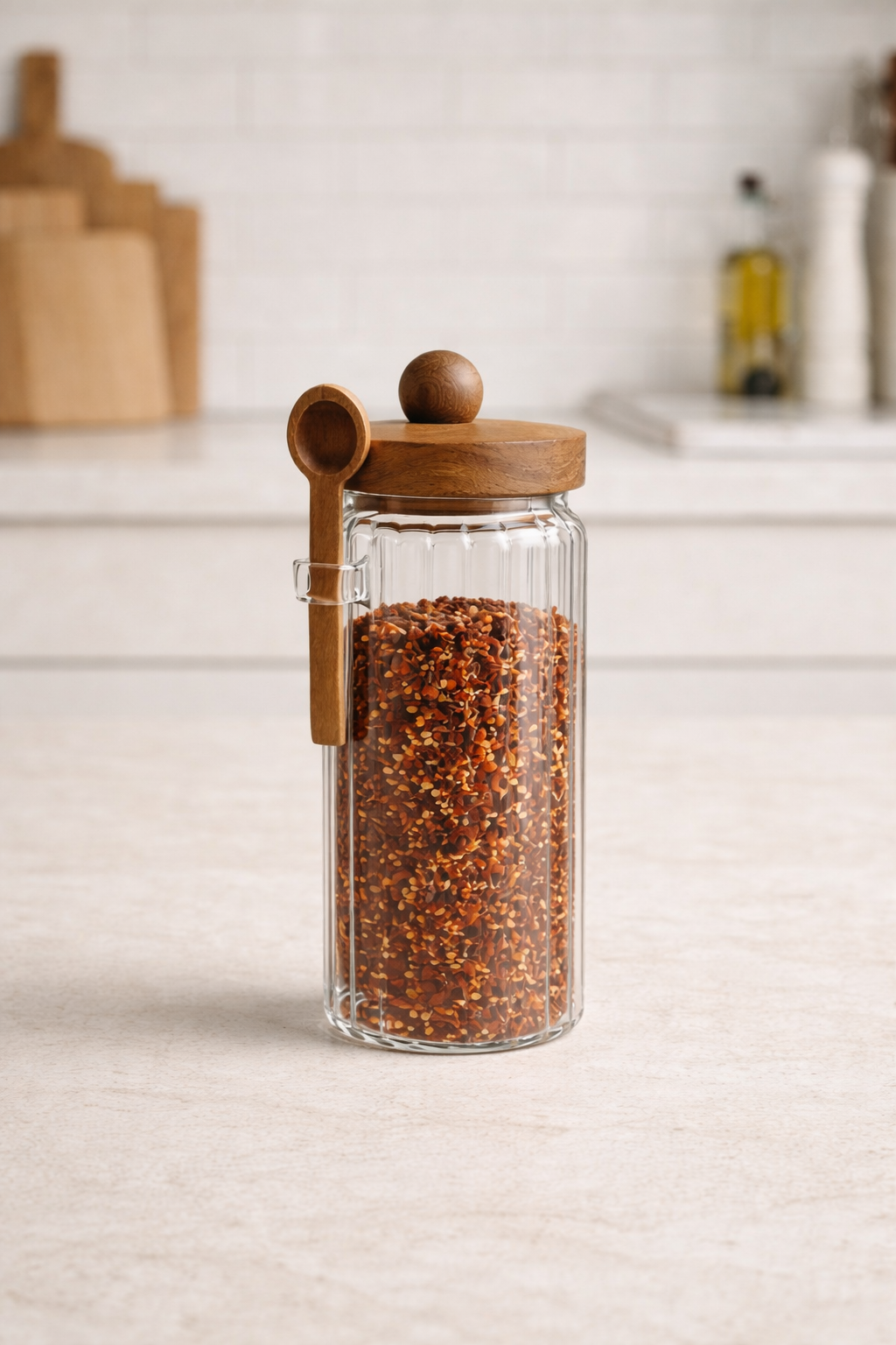 Akasya Contalı Kaşıklı Çizgili 3'lü Cam Kavanoz Doğal Ahşap Kapaklı Saklama Kavanozu Seti KW-755