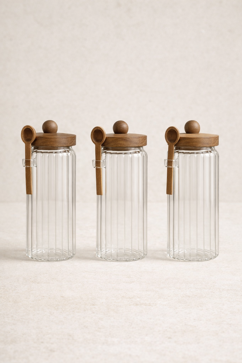 Akasya Contalı Kaşıklı Çizgili 3'lü Cam Kavanoz Doğal Ahşap Kapaklı Saklama Kavanozu Seti KW-755