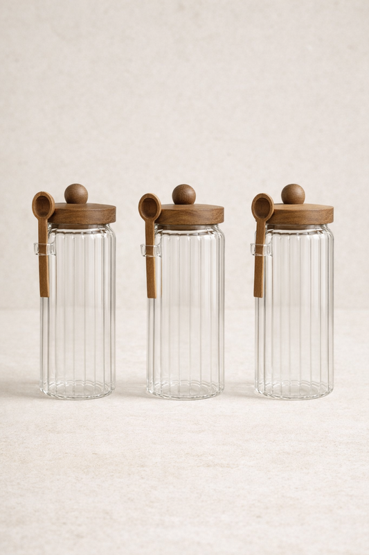 Akasya Contalı Kaşıklı Çizgili 3'lü Cam Kavanoz Doğal Ahşap Kapaklı Saklama Kavanozu Seti KW-755
