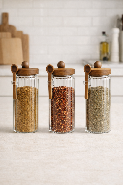 Akasya Contalı Kaşıklı Çizgili 3'lü Cam Kavanoz Doğal Ahşap Kapaklı Saklama Kavanozu Seti KW-755