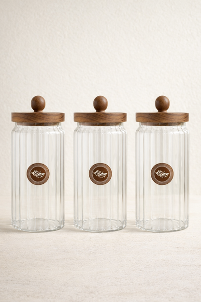 Akasya Conta Kapaklı Çizgili 3'lü Borosilikat 1200ml Kavanoz Seti KW-763