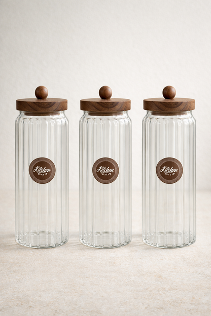 Akasya Conta Kapaklı Çizgili 3'lü Borosilikat 1500ml Kavanoz Seti KW-764