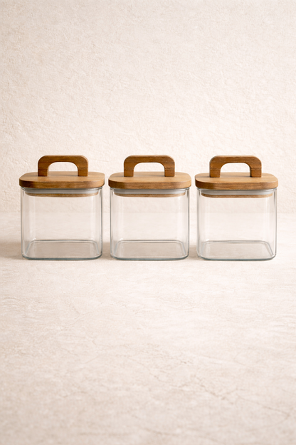 Akasya Conta Kapaklı 3'lü Borosilikat 750ml Kare Kavanoz Seti KW-776