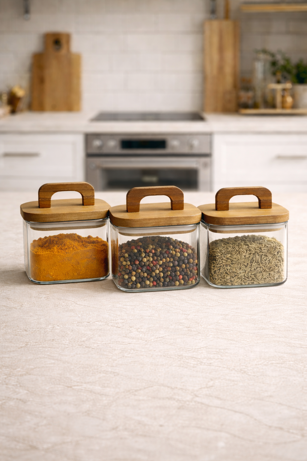 Akasya Conta Kapaklı 3'lü Borosilikat 750ml Kare Kavanoz Seti KW-776