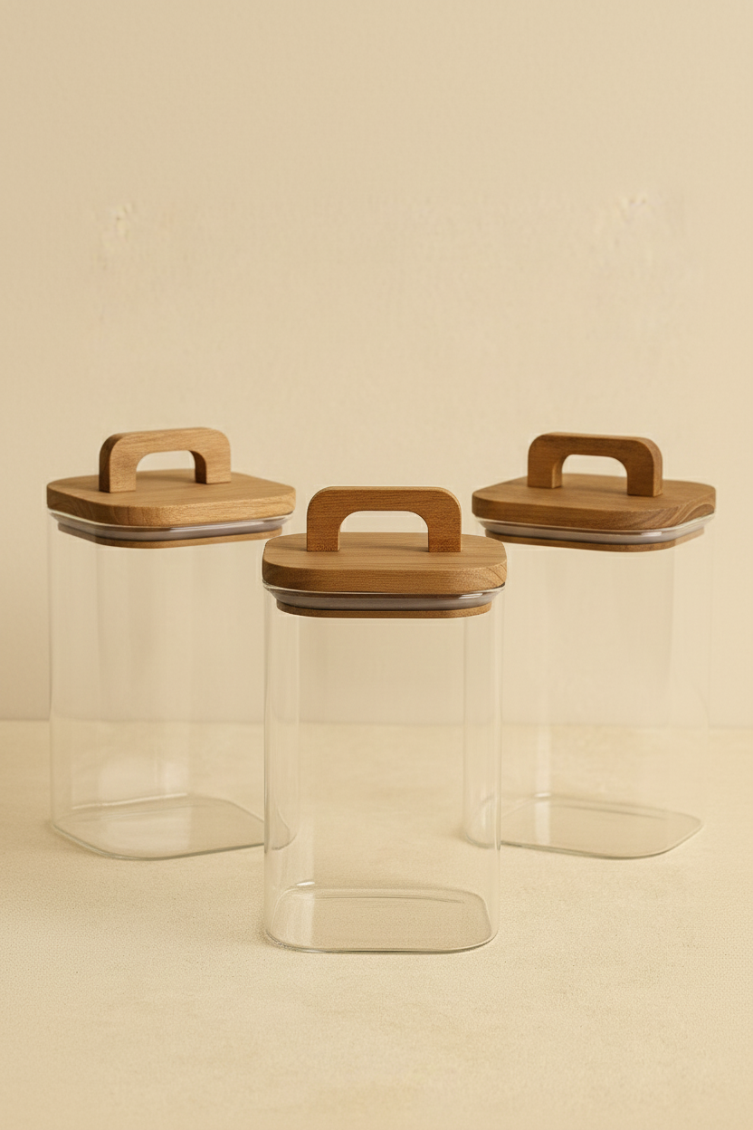 Akasya Conta Kapaklı 3'lü Borosilikat 1100ml Kare Kavanoz Seti KW-777