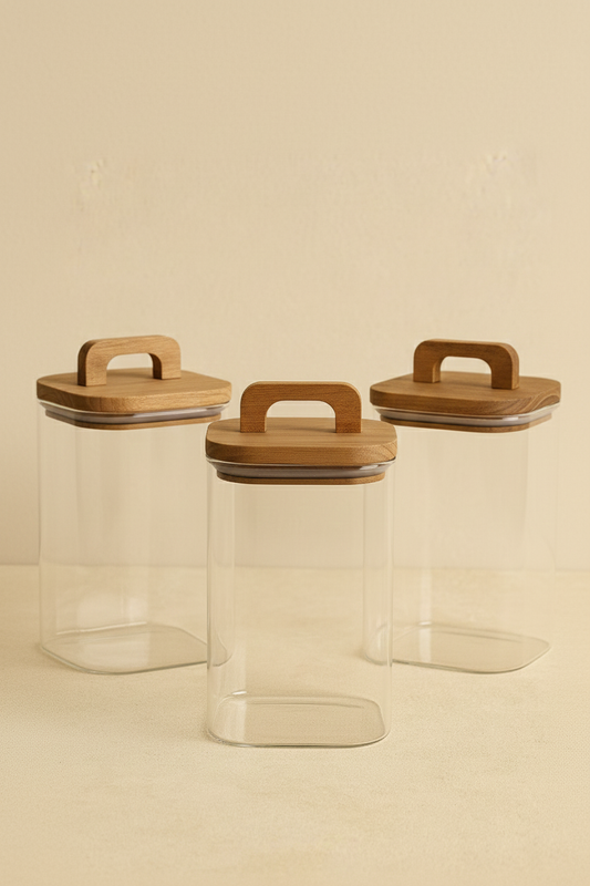 Akasya Conta Kapaklı 3'lü Borosilikat 1100ml Kare Kavanoz Seti KW-777