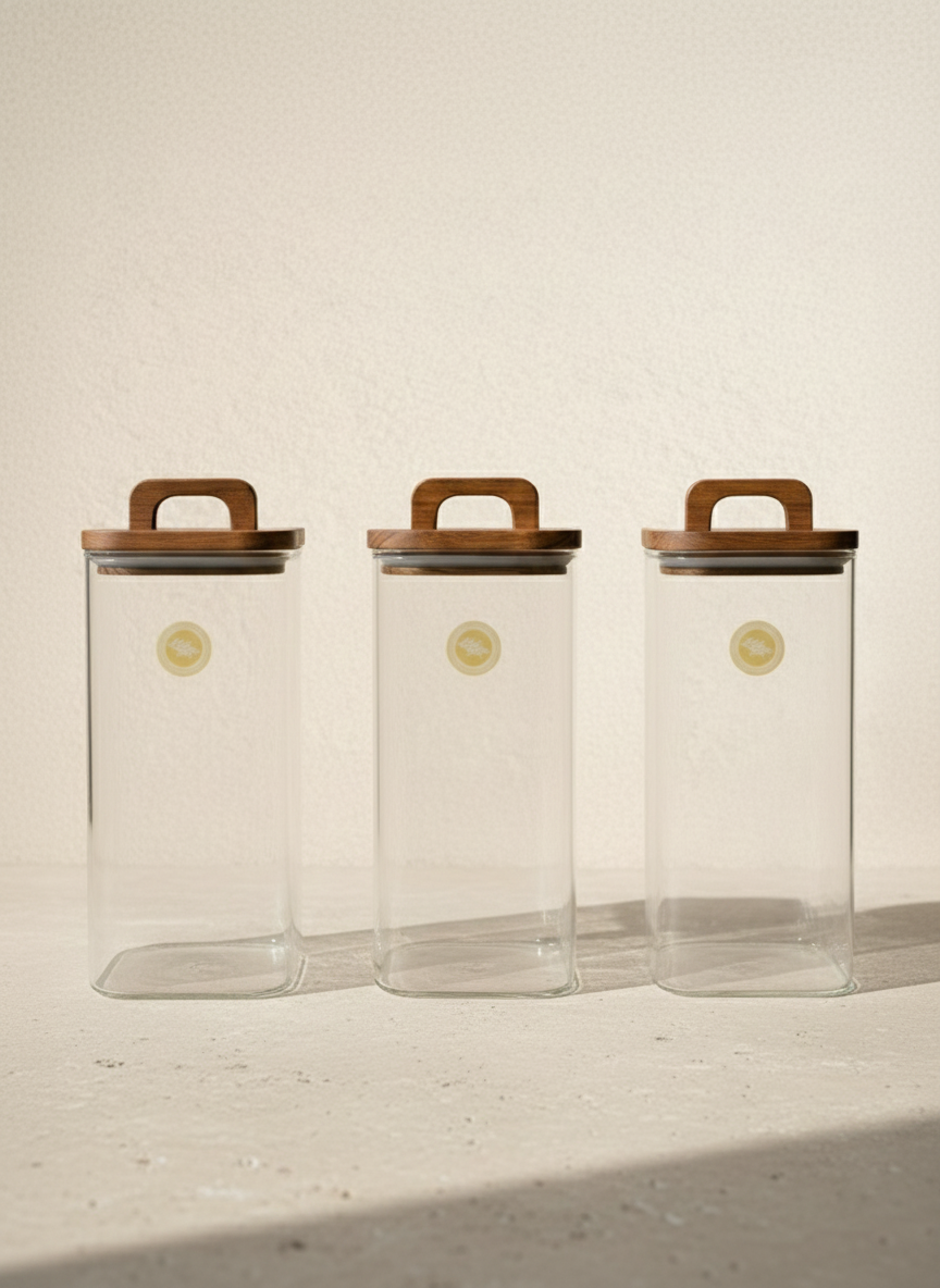 Akasya Conta Kapaklı 3'lü Borosilikat 1750ml Kare Kavanoz Seti KW-778