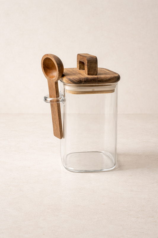 Akasya Conta Kapaklı Kaşıklı Borosilikat 300ml Kare Kavanoz KW-792