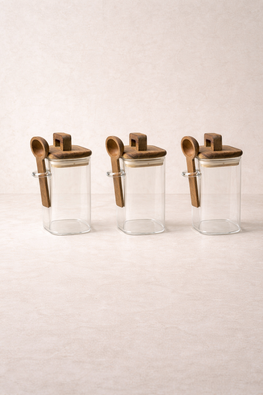 Akasya Conta Kapaklı Kaşıklı 3'lü Borosilikat 300ml Kare Kavanoz Seti KW-792