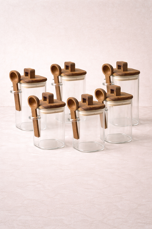 Akasya Conta Kapaklı Kaşıklı 6'lı Borosilikat 300ml Kare Kavanoz Seti KW-792