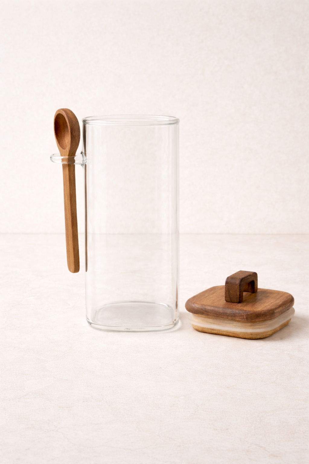 Akasya Conta Kapaklı Kaşıklı Borosilikat 300ml Kare Kavanoz KW-794