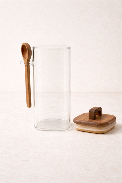 Akasya Conta Kapaklı Kaşıklı Borosilikat 300ml Kare Kavanoz KW-794