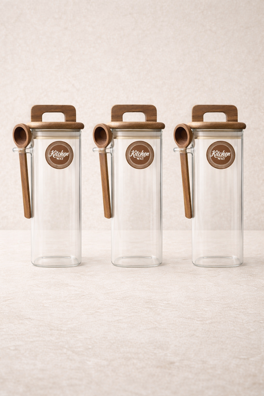 Akasya Conta Kapaklı Kaşıklı 3'lü Borosilikat 300ml Kare Kavanoz Seti KW-794