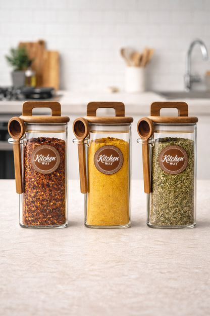 Akasya Conta Kapaklı Kaşıklı 3'lü Borosilikat 300ml Kare Kavanoz Seti KW-794